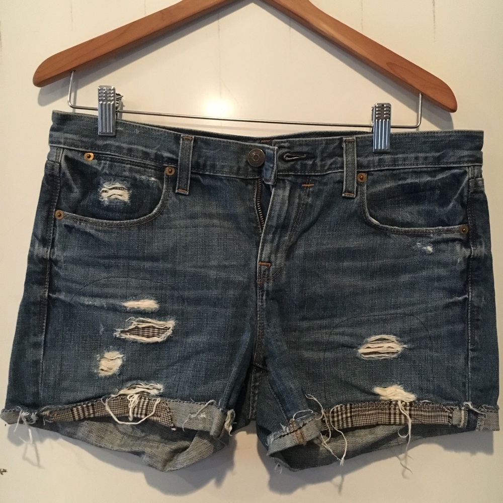 Blue Plaid Destroyed J. Crew Denim Shorts